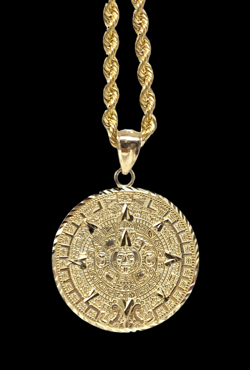 14K Gold Aztec Calendar Pendant or Necklace Set Rosarios Y Mas