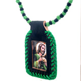 St Jude Green Black Leather Necklace