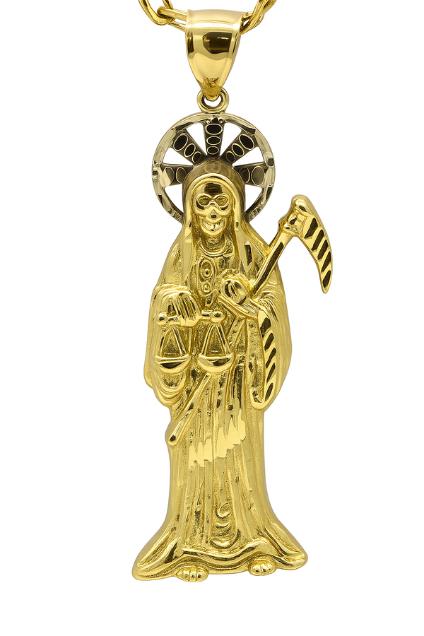 14K Gold Santa Muerte Pendant with Necklace - Real Solid Gold