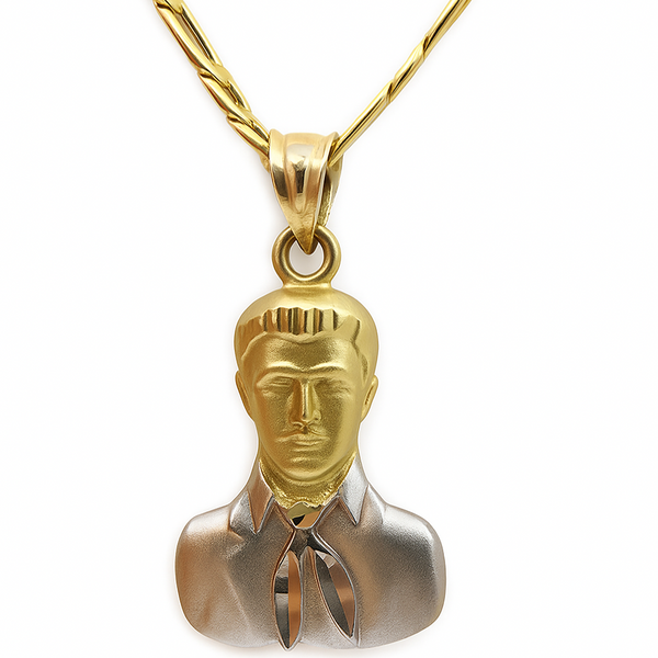 14K Gold Jesus Malverde Pendant with Necklace (Two Tone) Real Solid Gold