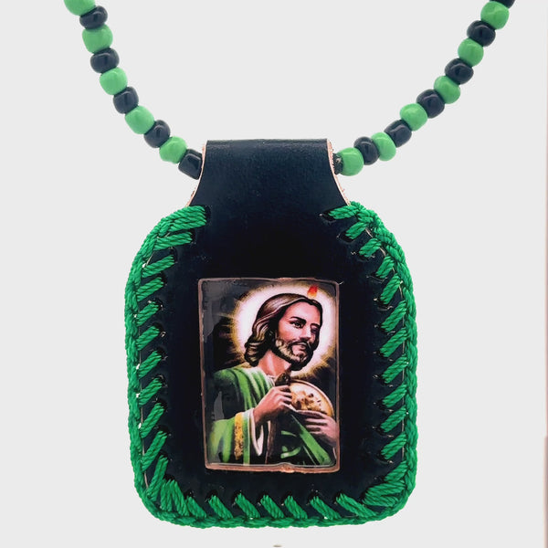St Jude Green Black Leather Necklace