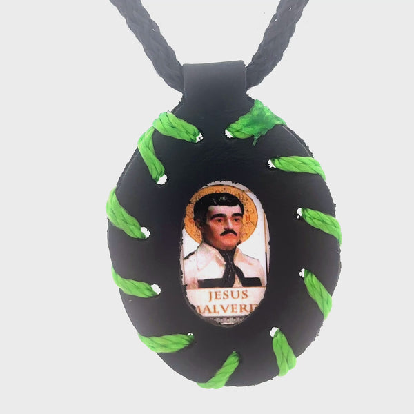 Jesus Malverde Black Leather Necklace