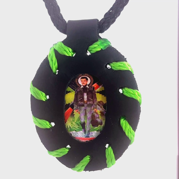 Jesus Malverde Black Leather Necklace
