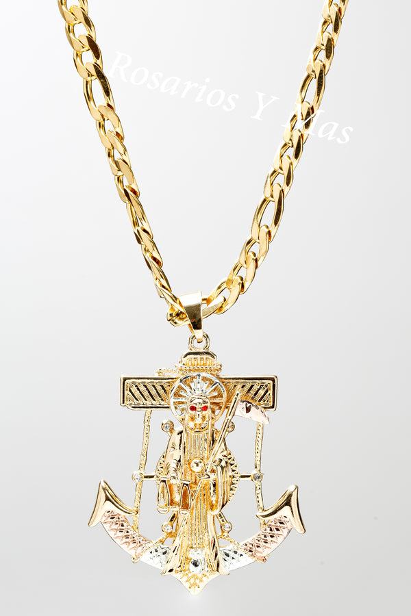24K Gold Filled Santa Muerte Anchor Pendant with 26" Necklace Three Gold Tone