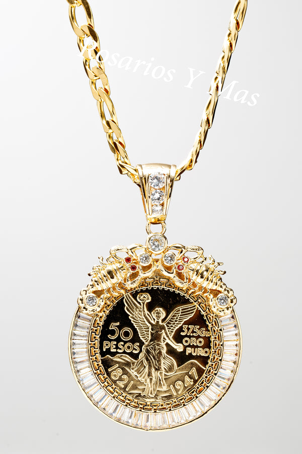 24K Gold Plated 50 Pesos and Mexican Eagle Centenario with 26" Necklace