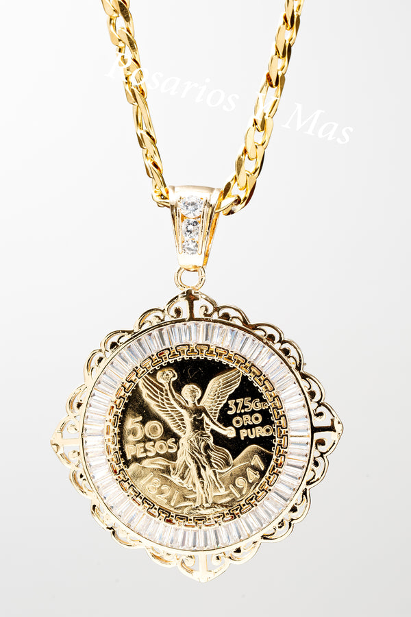 24K Gold Plated 50 Pesos and Mexican Eagle Centenario with 26" Necklace
