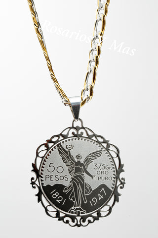 50 Pesos and Mexican Eagle Centenario with 26" Necklace (24K White Gold Filled)