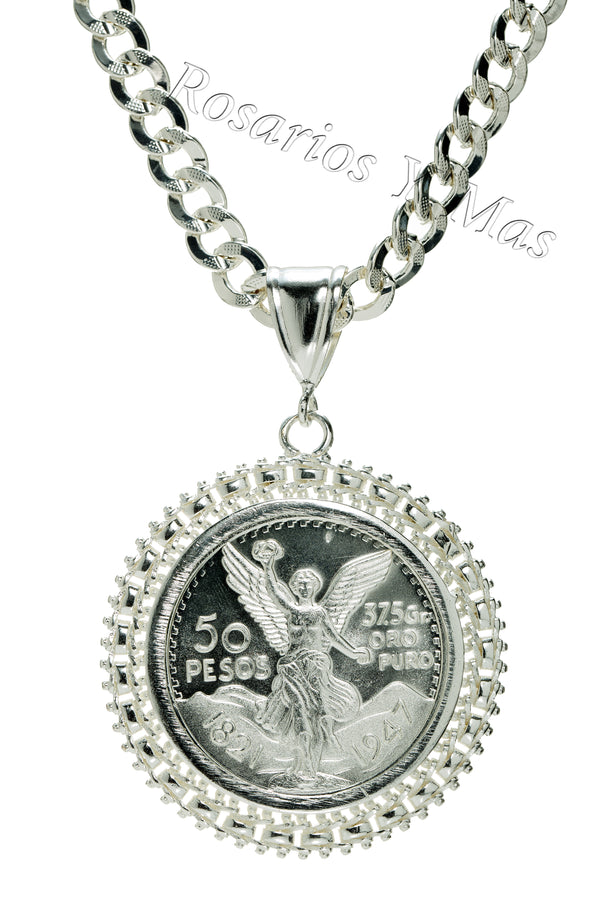 24K White Gold Plated 50 Pesos and Mexican Eagle Centenario with 26" Necklace