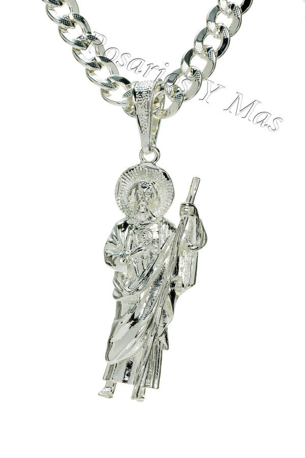 24K White Gold Filled St Jude Pendant with 26" Necklace - San Judas Oro Laminado Blanco con Cadena