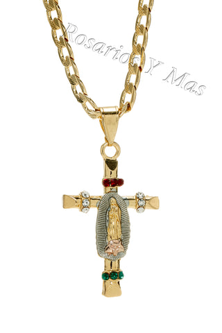 24K Gold Filled Our Lady of Guadalupe Cross with Necklace - Virgen De Guadalupe en Cruz Oro Laminado Medalla Y Cadena