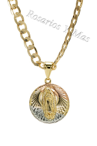 24K Gold Filled Our Lady of Guadalupe Three Tone Pendant with 24" Necklace