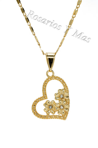 24K Gold Plated Heart with Flowers with 24" Necklace - Medalla de Corazon con Cadena de 24" Oro Laminado