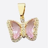 Pink Butterfly with White Rhinestones Pendant (24K Gold Filled)