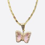 Pink Butterfly with White Rhinestones Pendant (24K Gold Filled)