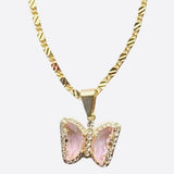 Pink Butterfly with White Rhinestones Pendant (24K Gold Filled)