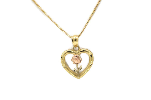 14K Gold Heart w/ Rose Pendant with Necklace (Three Tone) Real Solid Gold