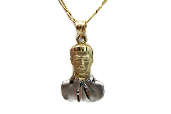 14K Gold Jesus Malverde Pendant with Necklace (Two Tone) Real Solid Gold