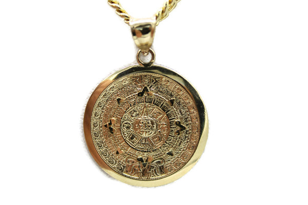 14K Gold Aztec Calendar Pendant with Necklace - Real Solid Gold