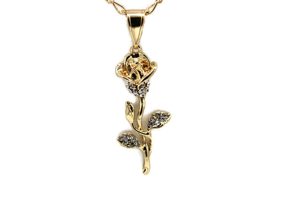 Rose w/ White Rhinestones Pendant with Necklace (24K Gold Filled)