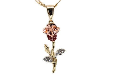 Three Tone Rose w/ White and Red Rhinestones Pendant with Necklace (24K Gold Filled)