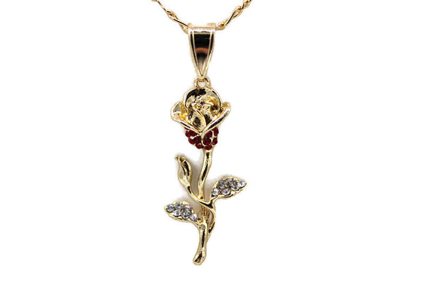 Rose w/ White and Red Rhinestones Pendant with Necklace (24K Gold Filled)
