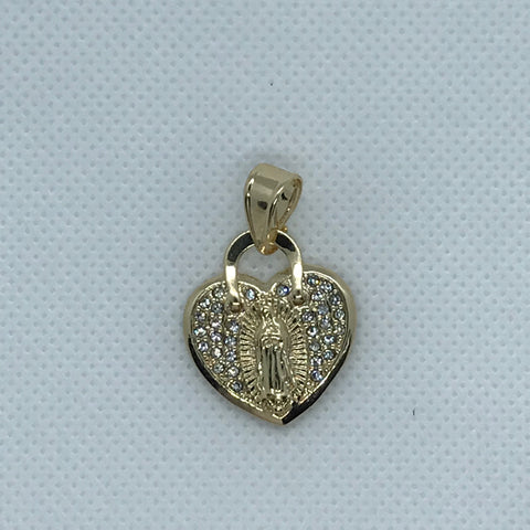 24K Gold Filled Our Lady of Guadalupe in a Heart with White Rhinestones - Pendant Only