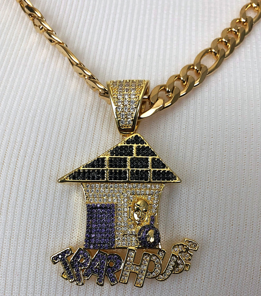 Trap House Iced Out Pendant with Necklace (14K Gold Finish) – Rosarios Y