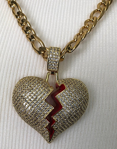 Broken Heart Iced Out Pendant with 28" Necklace (14K Gold Finish)