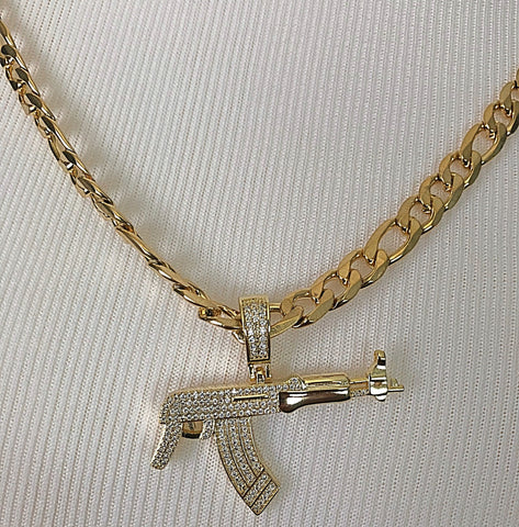 AK-47 Iced Out Pendant with 28" Necklace (14K Gold Finish)