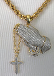 Praying Hands Iced Out Pendant with 28" Necklace (14K Gold Finish)