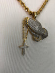 Praying Hands Iced Out Pendant with 28" Necklace (14K Gold Finish)