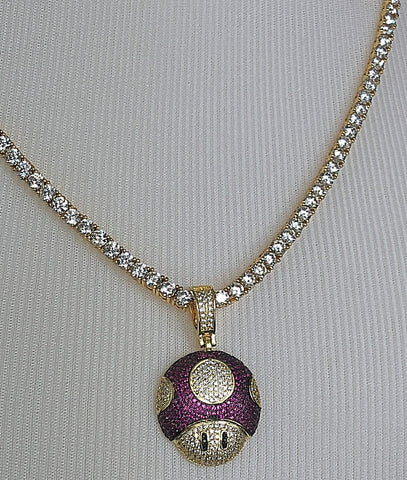 Purple Mushroom Iced Out Pendant with Necklace (14K Gold Finish)