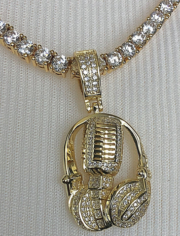 Microphone Headphone Pendant with Necklace (14K Gold Finish)
