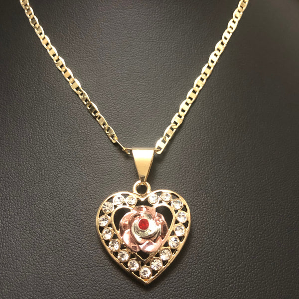 Heart w/ Rose Pendant with Necklace (24K Gold Filled)