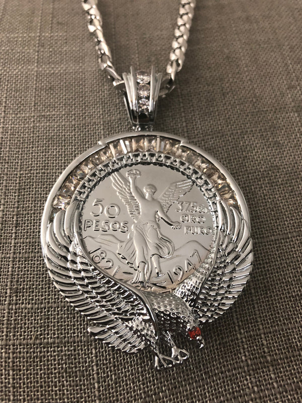 50 Pesos and Mexican Eagle Centenario with 26" Necklace (24K White Gold Plated)