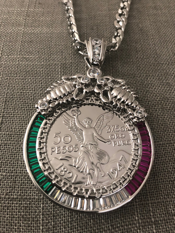 50 Pesos and Mexican Eagle Centenario with 26" Necklace (24K White Gold Plated)