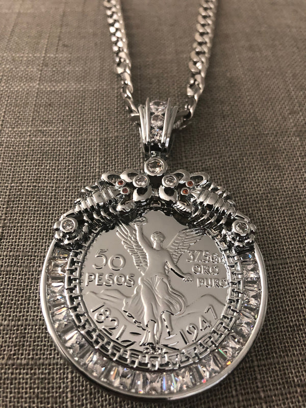 50 Pesos and Mexican Eagle Centenario with 26" Necklace (24K White Gold Plated)