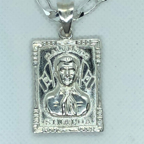 Jesus Malverde with 24" Figaro Necklace (.925 PURE SILVER)