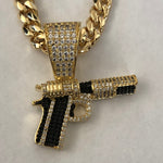 Gun Iced Out Pendant with 26" Necklace (14K Gold Finish) Pistola con Cadena