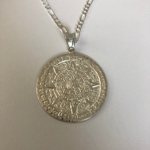 Aztec Calendar with 22" Figaro Necklace (.925 PURE SILVER)