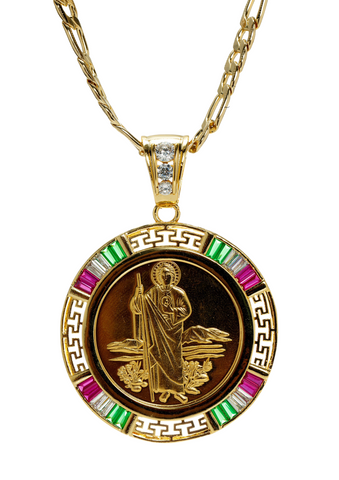 St Jude and Our Lady of Guadalupe Centenario with 26" Necklace (24K Gold Plated)
