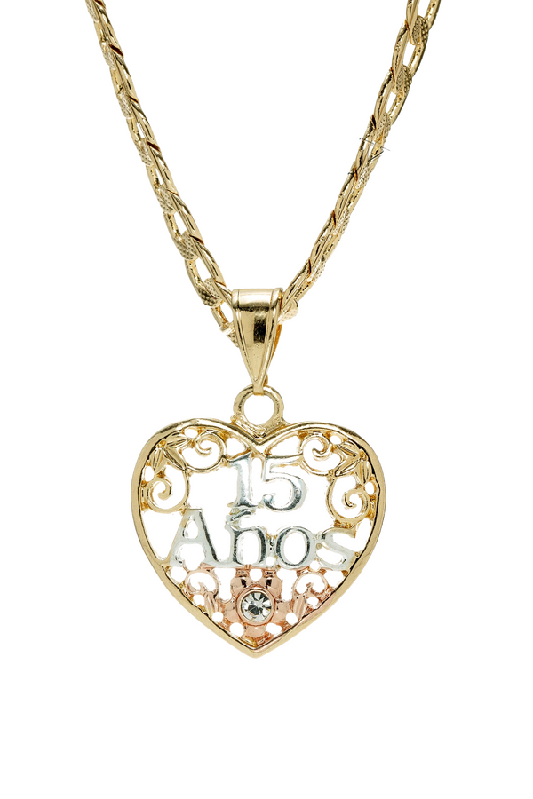 Heart Quinceanera Pendant with 24" Necklace (24K Gold Plated)