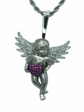 Angel with Heart Necklace (14K White Gold Finish)